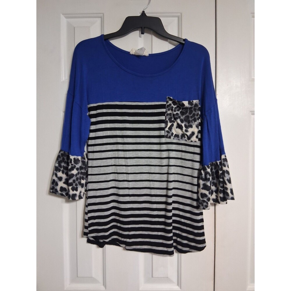 Women's Blue 3/4 Sleeve Stripe Leopard Top Size M